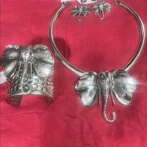 Silver tone Elephant Necklace and Cuff Bracelet Set